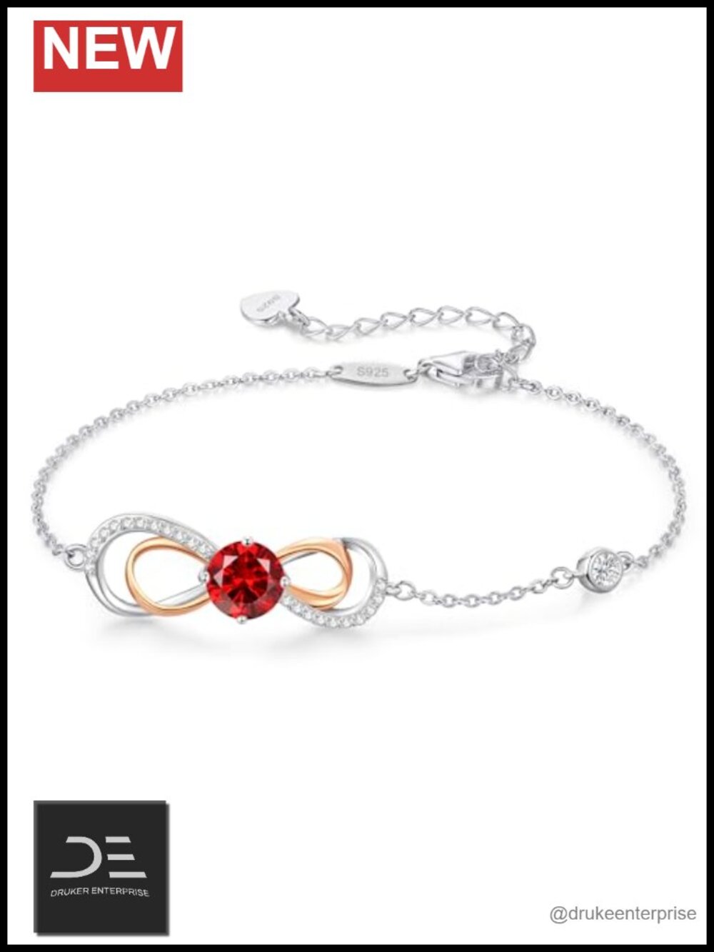 925 Sterling Silver Infinity Heart Birthstone Link Charm Bracelet